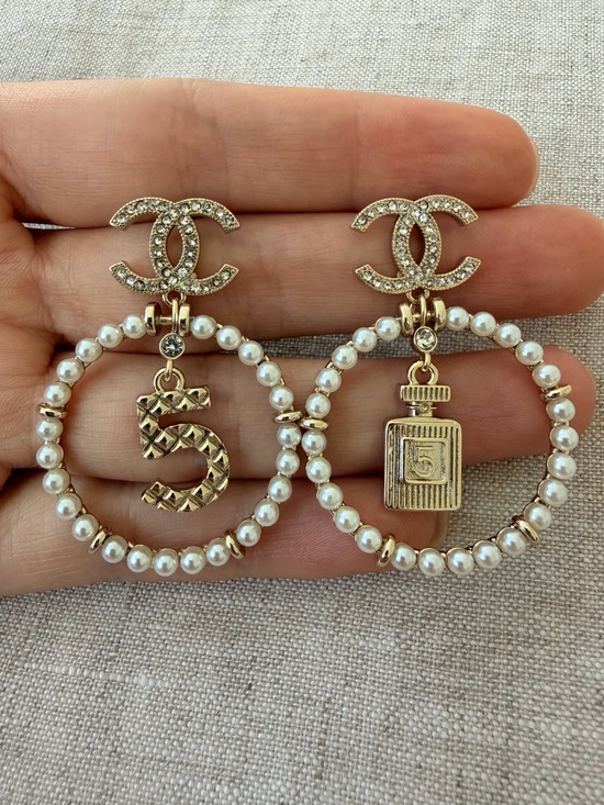 CHANEL Jewelry - ✨CHANEL Pearl Hoop Earrings with Crystal CC Logo and Number 5 Charm✨